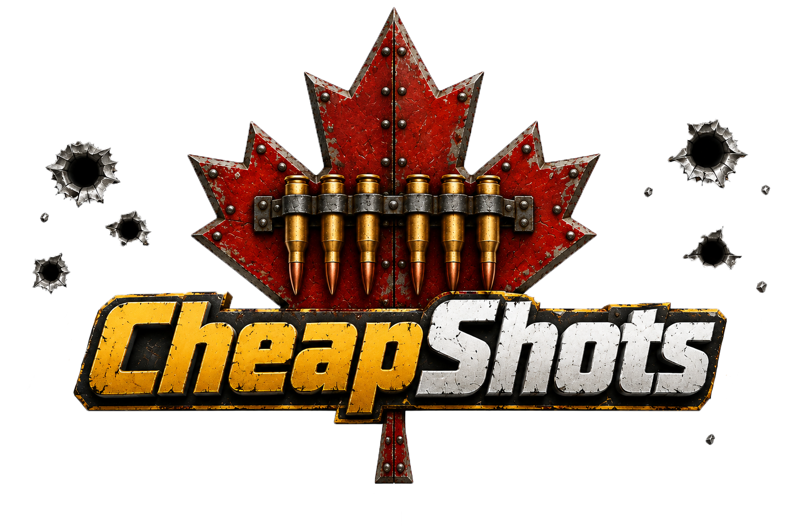 CheapShots logo — a red riveted maple leaf with a band of brass cartridges and the CheapShots name